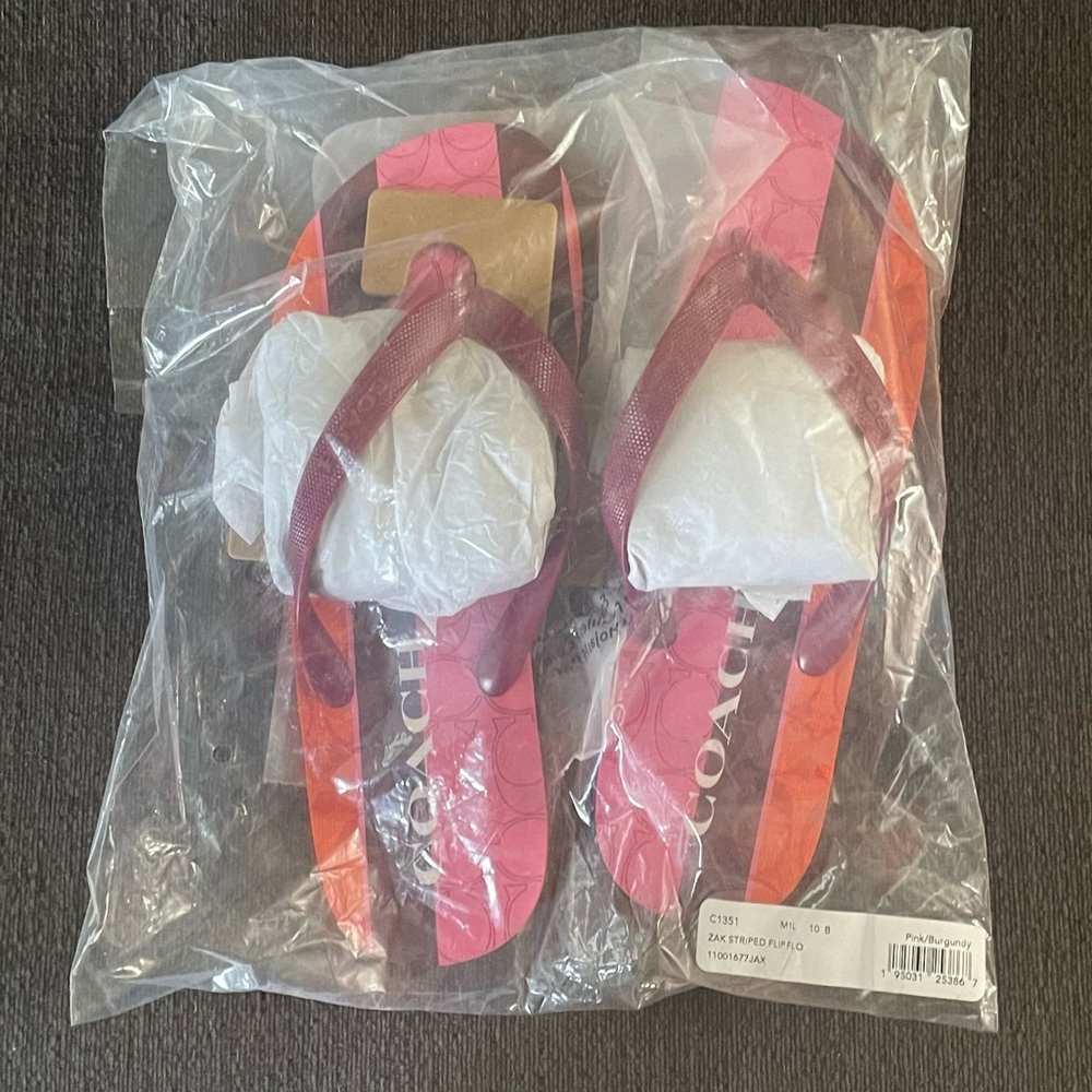 Coach Zak Flip Flops Women’s Size 10 Burgundy and Pink and Orange Stripes New
